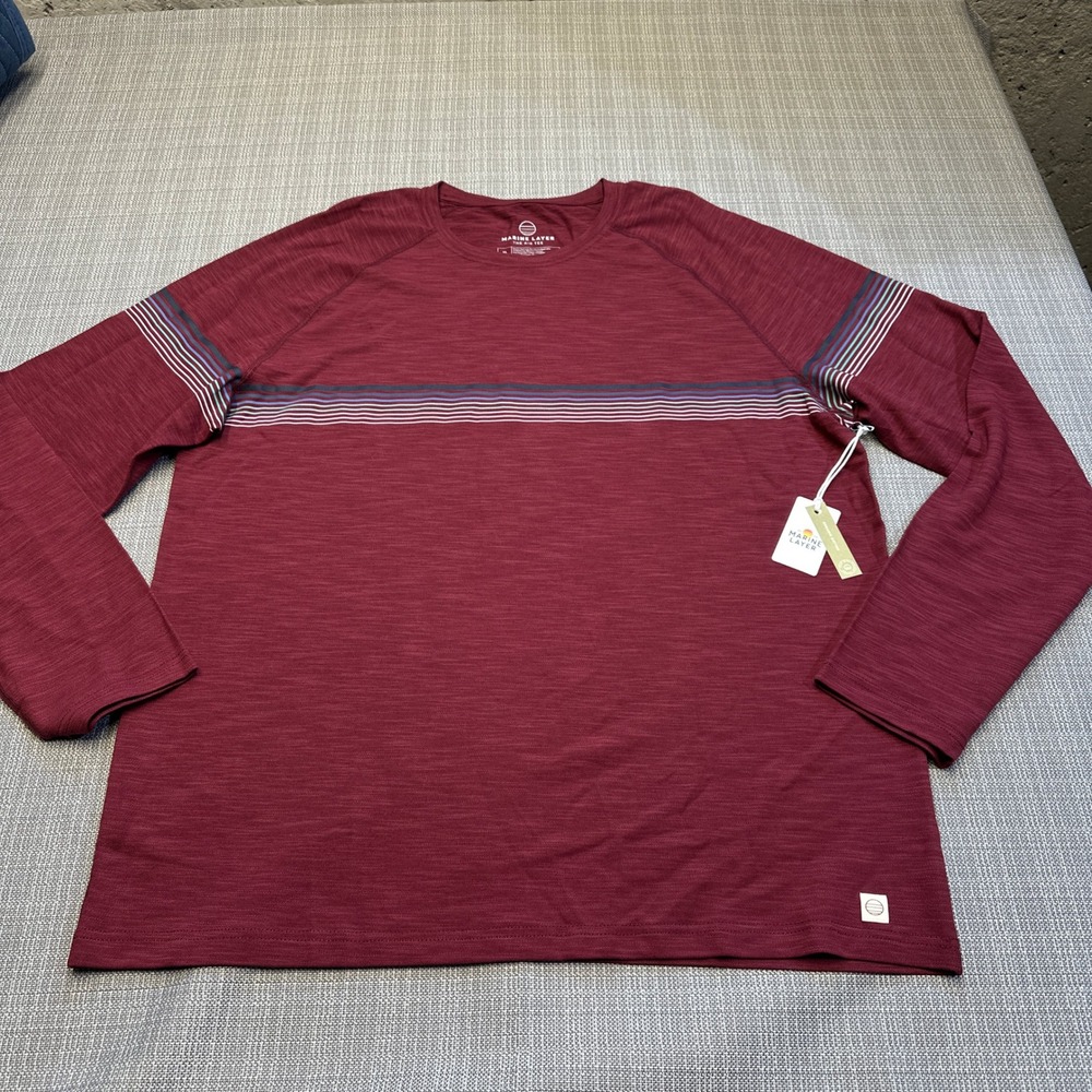 New Marine Layer Air Tee Shirt Mens XL Archive Midweight Crew Burgundy Striped
